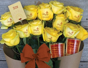 Dozen Yellow Happy Diwali Embossed roses with two Beeswax aromatherapy quote candles