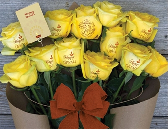 Dozen Yellow Ganesha and Happy Diwali Embossed roses