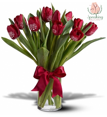 Ten Embossed Tulips in a clear glass vase