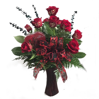 Half dozen roses with a box of gourmet chocolate truffles