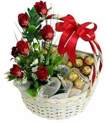 Basket of half Dozen roses and Ferrero Rocher