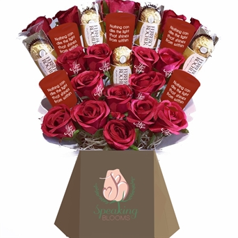 Dozen embossed roses arranged with chocolates sticks and Beeswax candles